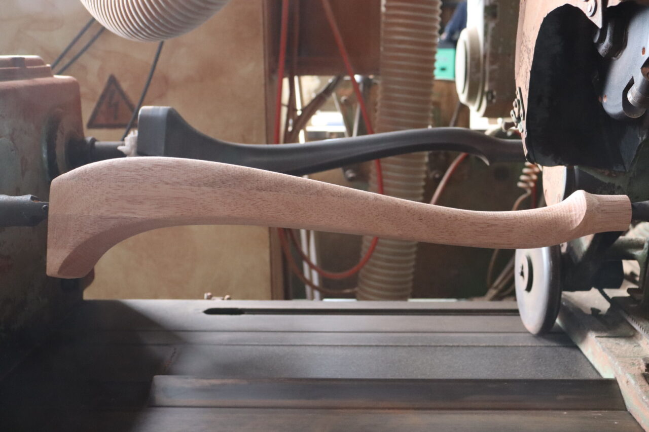 Image showing the result of work performed using a copying lathe (Narai lathe). The image displays a finished wooden part after processing.